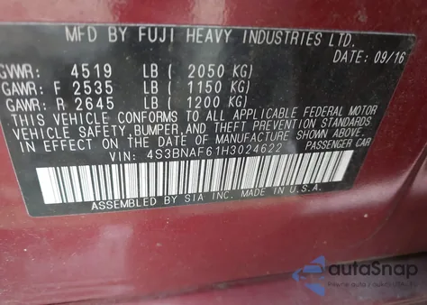 2017 Subaru Legacy 2.5I Premium z USA, uszkodzony, nr VIN 4S3BNAF61H3024622